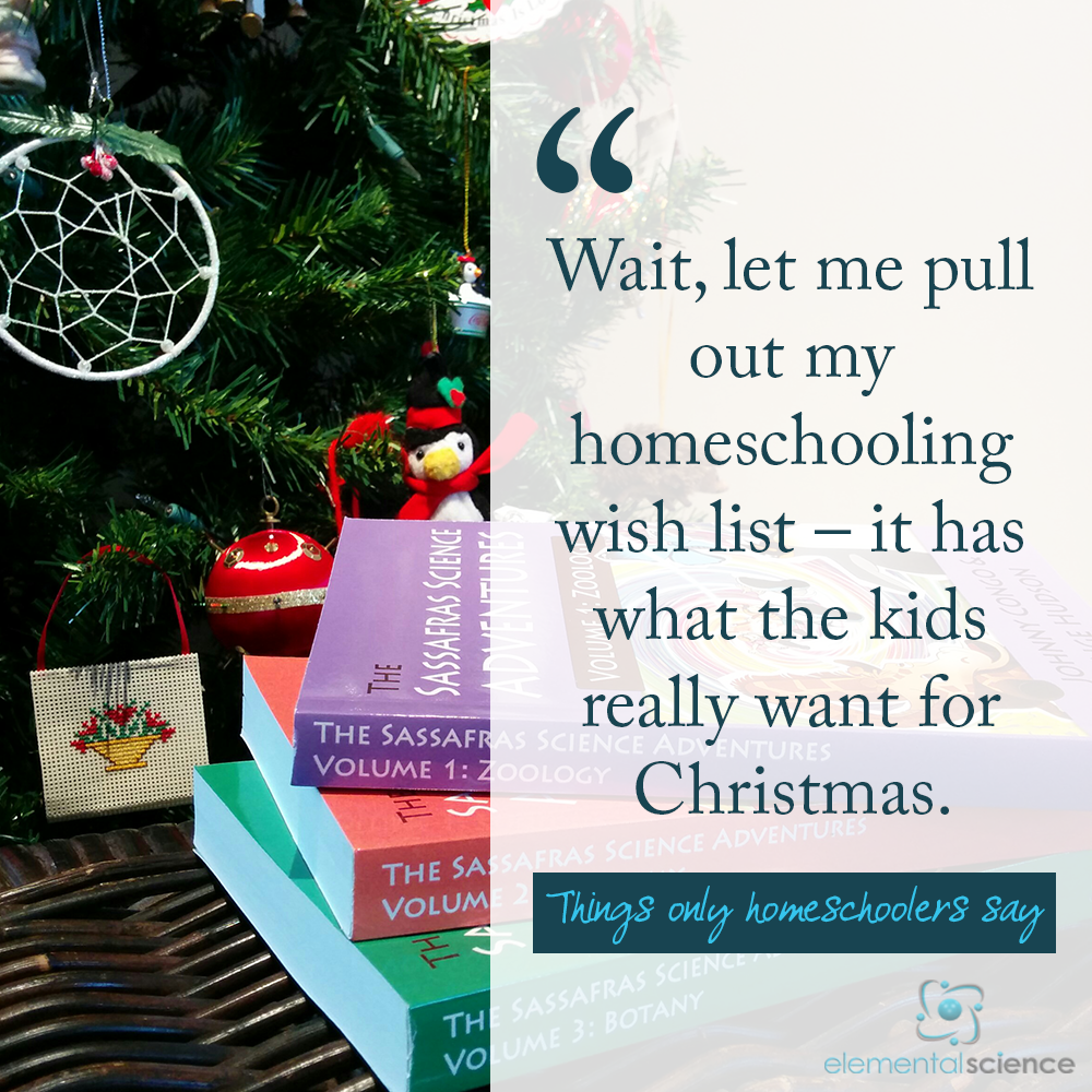 Have a laugh as you read the Christmas Wish List Edition of Things Only Homeschoolers Say at Elemental Blogging!